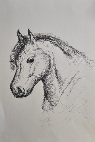 Umetniška risba Zlatka Prelog Art - Portret konja, umetniško delo, ki izraža mir, eleganco in notranjo moć.