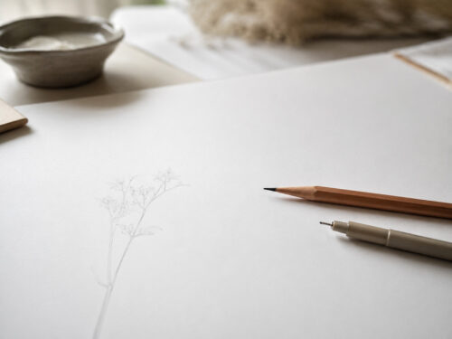 Grafitni svinčnik in tehnični svinčnik na risalnem papirju z nežno botanično skico.